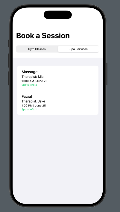 Screenshot of spa booking
